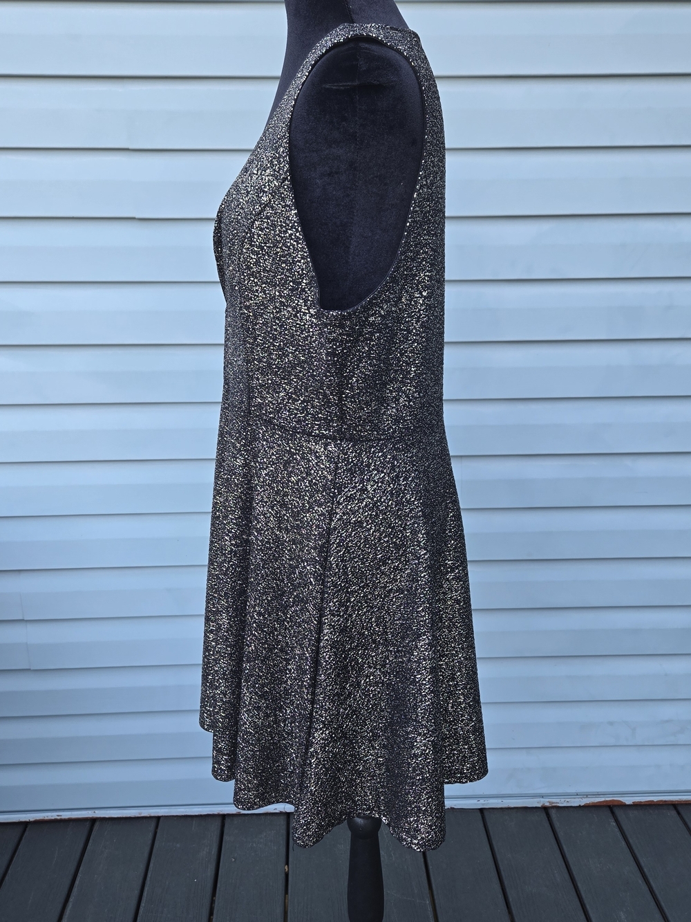Rue21 Metallic Glitter Skater Dress XL Silver Black Deep V-Neck Mini Party - Picture 2 of 8